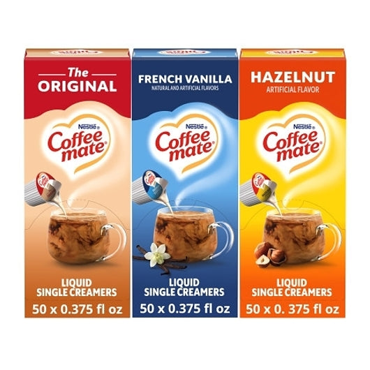 Coffee Mate Variety Pack 50 Original, 50 French Vanilla, & 50 Hazelnut Single Serve Liquid Creamer, 18.566 Fluid Ounce
